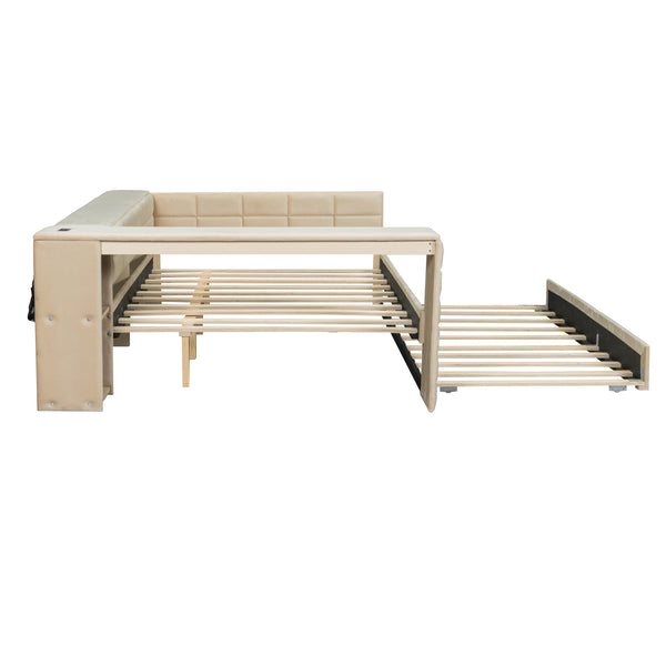 English Elm Full Size Upholstered Platform Bed With Desk, Usb Charging, Trundle & Storage Shelves In Beige Velvet N7090000604A