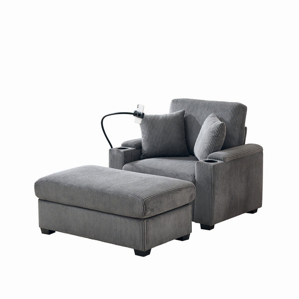 English Elm 55" Oversized Chaise Lounge Chair With Ottoman & Storage - Comfy Velvet Recliner With Usb Port & Cup Holder W3373P330166