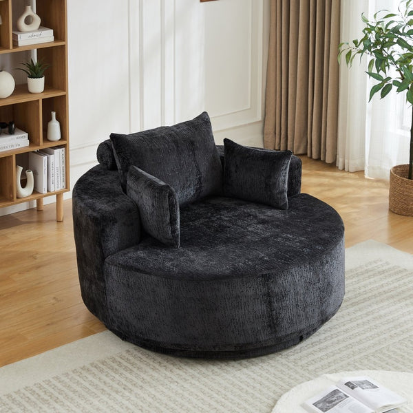 English Elm 55''l 55'l Chenille Swivel Lounge Chair Plush Foam Fill 360 Rotation Modern Living Room Black W834S00642