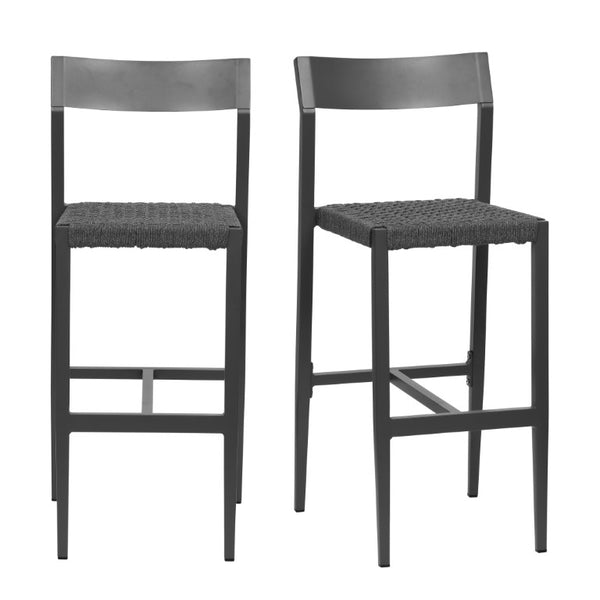 EuroStyle Ronan Outdoor Bar Stools Rope Woven Seat Powder Coated Aluminum Frame Set of 2 90588-GRY