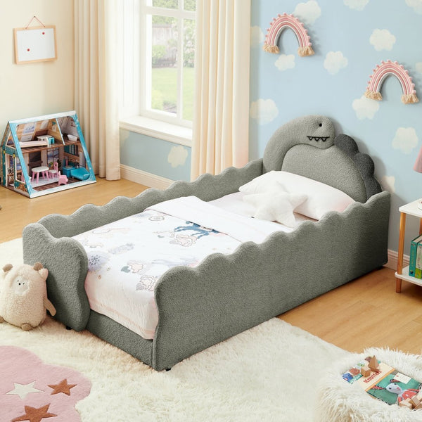 English Elm Twin Dinosaur Boucle Upholstered Kids Bed Solid Wood Frame with Padded Safety Rails Grey W1413P384918