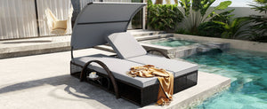English Elm U_style Outdoor Double Sun Lounger Hdpe Wicker Steel Frame with Canopy Pop up Tables Gray WY000485AAE