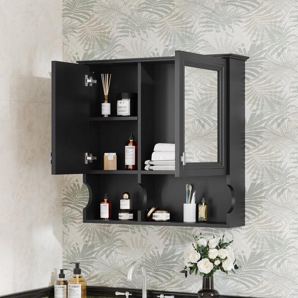 English Elm 30 30 Inch Mirror Medicine Cabinet with Half-Moon Design, Soft-Close Hinges, Open Shelf & Solid-Wood Frame Black N710P322812B