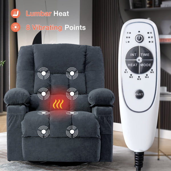 English Elm Massage Swivel Rocker Recliner with Heat Lumbar Relief and Usb Port for Living Room Blue W1521P478306