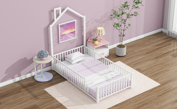 English Elm Twin House Metal Platform Bed with Guardrail & Chimney, White — Kids Playful Frame, Safe Sleep Design N709P203151K