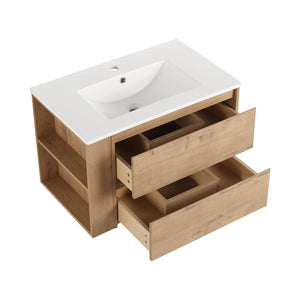 English Elm 30" Wall-Mount Bathroom Vanity With Ceramic Sink, Soft-Close Drawers & Configurable Side Shelf W999S00206