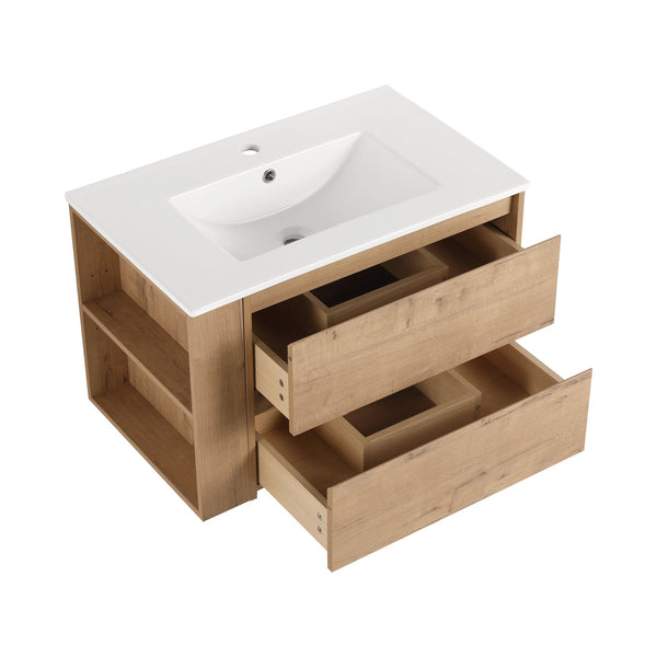 English Elm 30" Wall-Mount Bathroom Vanity With Ceramic Sink, Soft-Close Drawers & Configurable Side Shelf W999S00206