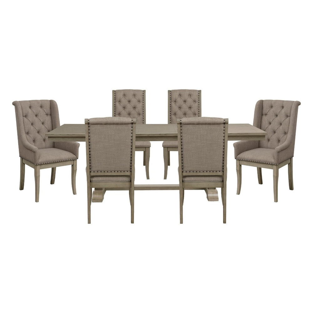 English Elm Classic Oak Veneer Trestle Dining Set Seats Six with Tufted Nailhead Upholstered Chairs B011S02338