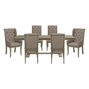 English Elm Classic Oak Veneer Trestle Dining Set Seats Six with Tufted Nailhead Upholstered Chairs B011S02338