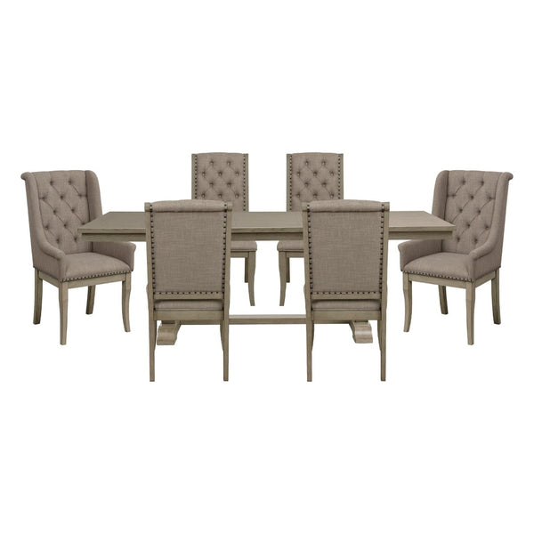 English Elm Classic Oak Veneer Trestle Dining Set Seats Six with Tufted Nailhead Upholstered Chairs B011S02338