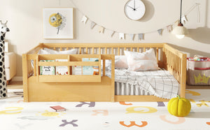 English Elm Twin Low Profile Kids Floor Bed Pine Wood Frame with Safety Rail and Built in Bookshelf Natural W1580P373141