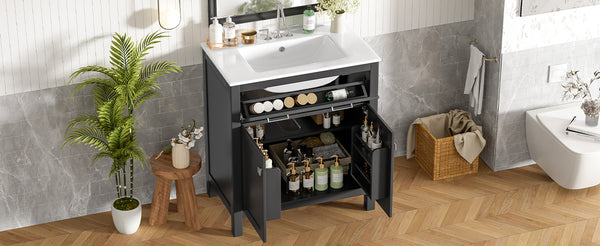 English Elm 30" Modern Bathroom Vanity with Ceramic Sink and Soft-Close Doors, Solid Wood MDF Build, Sleek Handles Black N729P263155B