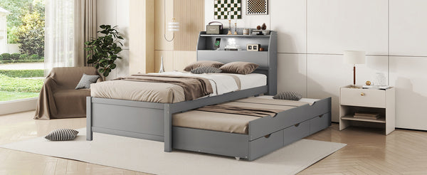 English Elm Twin LED Platform Bed with Trundle and Under-Storage Drawers, Flip-Up Headboard, USB Ports Gray N820S10008E