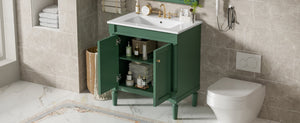 English Elm 30" French Style Bathroom Vanity with Ceramic Basin Soft Close Doors Wood Legs Green N710P415327F