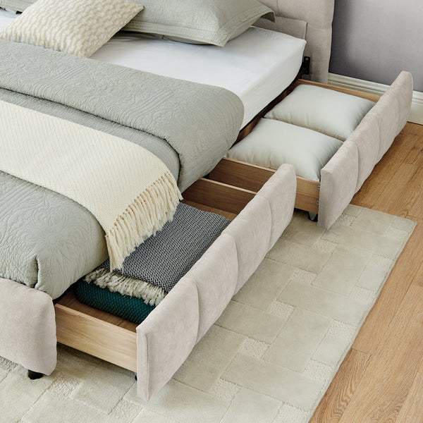 English Elm California King Upholstered Bed Frame - Soft Chenille Fabric, Modern Design With Storage Drawer, Beige W487P311316