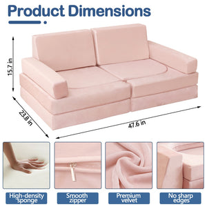 English Elm 12 Piece Modular Foam Play Couch Set Velvet Convertible Sofa Fort for Kids Playroom Pink T5880P493409