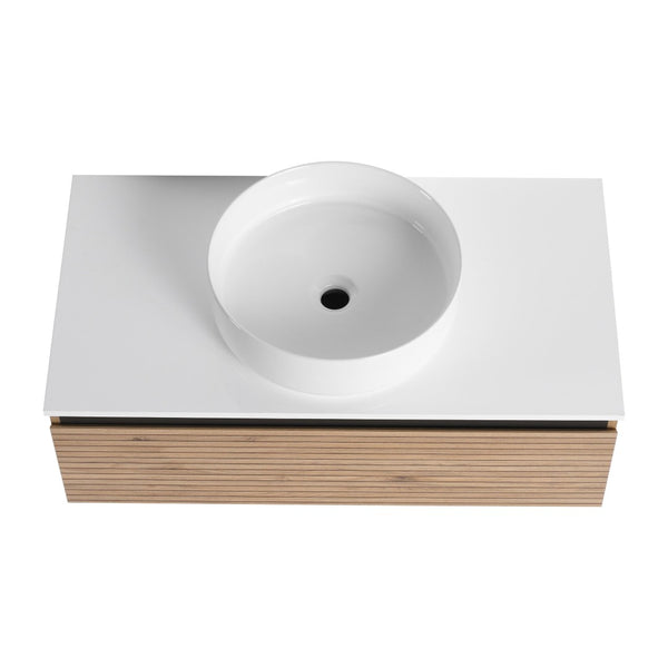 English Elm 36'' Floating Wall Mounted Vanity Plywood Cabinet with Ceramic Vessel Sink Soft Close Drawer W999S00362