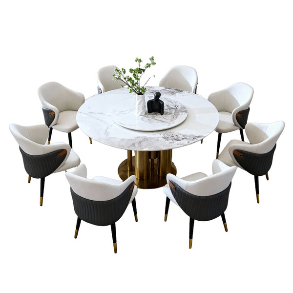 English Elm 59" Round Sintered Stone Dining Table Seats 8 with Built-in Lazy Susan Modern W2699S00096