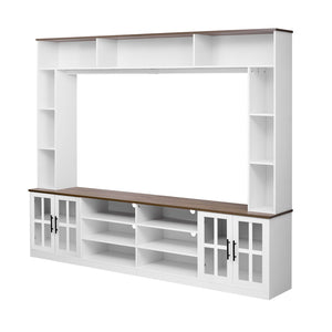 English Elm 95.5" Wide Modern Farmhouse Wall Unit with Tempered Glass Cabinets and Bookshelf Storage White SJ000157AAK