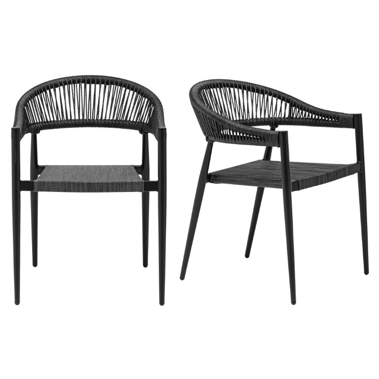 EuroStyle Iselin Stackable Outdoor Armchairs Woven Rope Back Aluminum Frame Resort Patio Set Black 90614-BLK