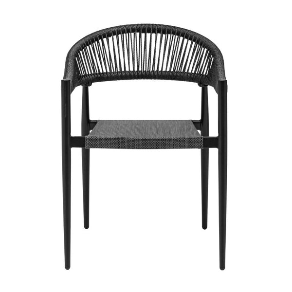 EuroStyle Iselin Stackable Outdoor Armchairs Woven Rope Back Aluminum Frame Resort Patio Set Black 90614-BLK