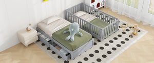 English Elm Twin Pinewood Daybed with Fence Guardrails Splits Into Two Floor Beds Storage Gray LP100881AAE