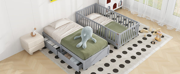English Elm Twin Pinewood Daybed with Fence Guardrails Splits Into Two Floor Beds Storage Gray LP100881AAE