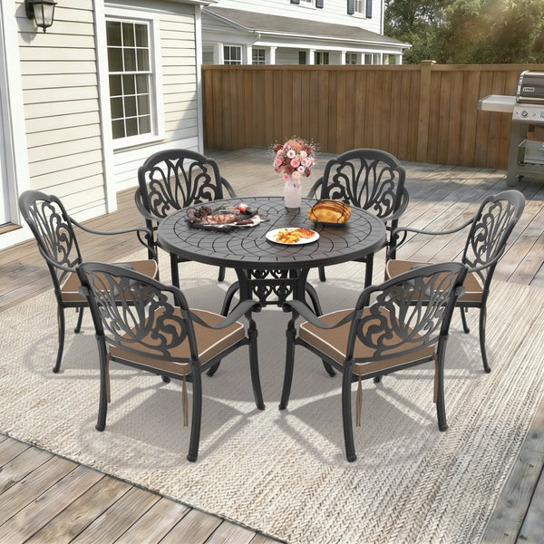 English Elm 7-piece Cast Aluminum Outdoor Dining Set Ornate Carved Patio Furniture with Cushions W1710S00559