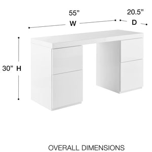 EuroStyle Tresero Lacquer Writing Desk with Four Drawers for a Sleek Modern Home Office 90631WHT-KIT