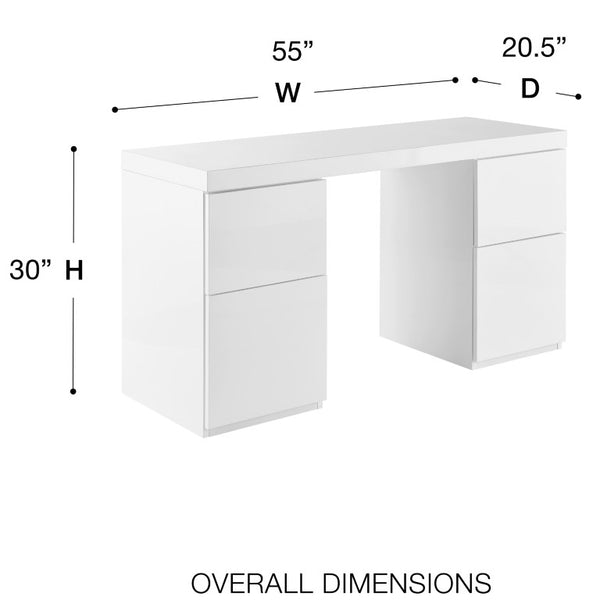 EuroStyle Tresero Lacquer Writing Desk with Four Drawers for a Sleek Modern Home Office 90631WHT-KIT