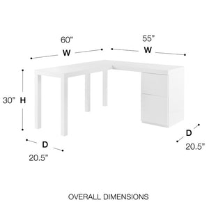 EuroStyle Tresero L-Shaped Home Office Desk with High Gloss White Lacquer and Soft Close Drawers 90634WHT-KIT