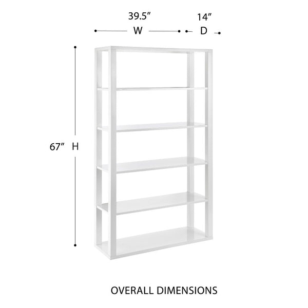 EuroStyle Tresero Six Shelf Lacquered MDF Bookcase High Gloss Open Display for Modern Spaces 90636WHT-KIT