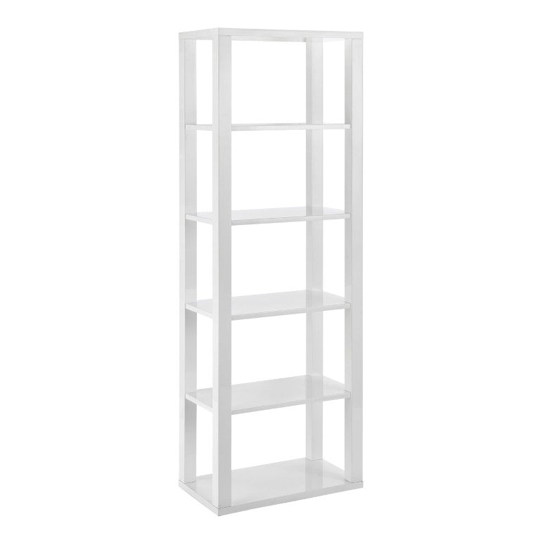 EuroStyle Tresero Six Shelf Tall Narrow Bookcase Lacquered Gloss White for Home Office 90639WHT-KIT