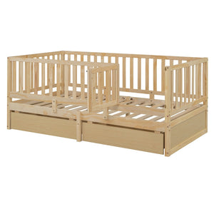 English Elm Twin Pinewood Daybed with Fence Guardrails Splits Into Two Floor Beds Storage Natural LP100881AAN
