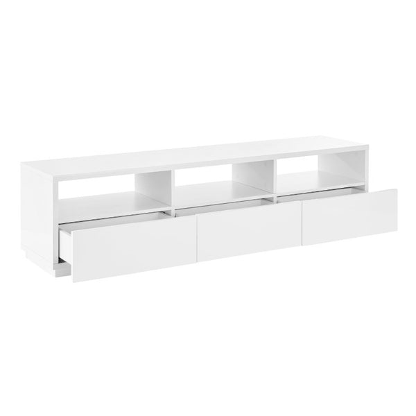 EuroStyle Tresero Low Profile Media Stand Glossy White Lacquer with Open Shelving and Drawers 90643WHT-KIT