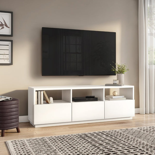 EuroStyle Tresero Low Profile Media Stand Glossy White Lacquer with Open Shelving and Drawers 90643WHT-KIT