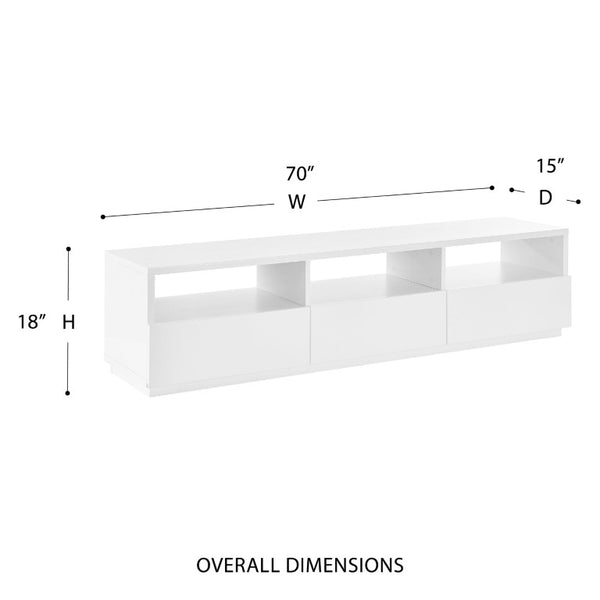 EuroStyle Tresero Low Profile Media Stand Glossy White Lacquer with Open Shelving and Drawers 90643WHT-KIT