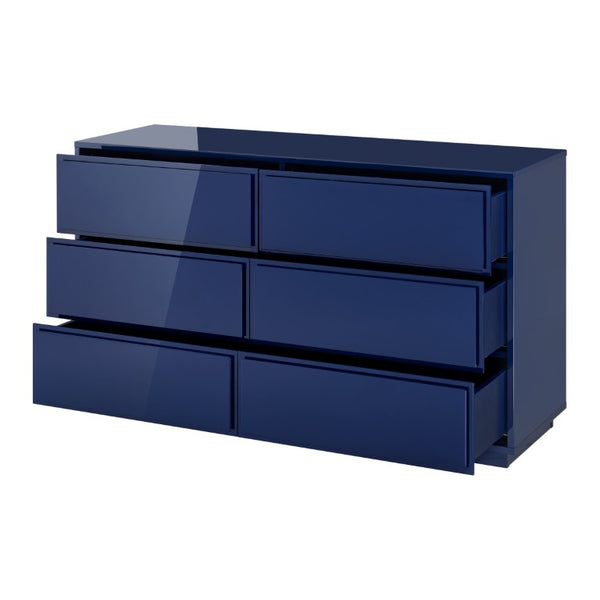 EuroStyle Tresero Six Drawer Lacquered Sideboard Bold Navy Gloss Contemporary Dining Storage High Gloss Deep Blue 90649BLU-KIT