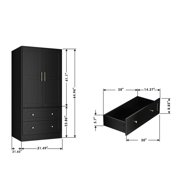English Elm Shaker Two Door Wardrobe Armoire with Hanging Rod Drawers and Bedroom Storage T3210P477663