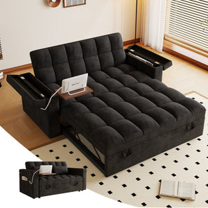 English Elm 65-inch Velvet Convertible Sleeper Sofa with Usb Port Storage Armrests Adjustable Back Black W2564S00114