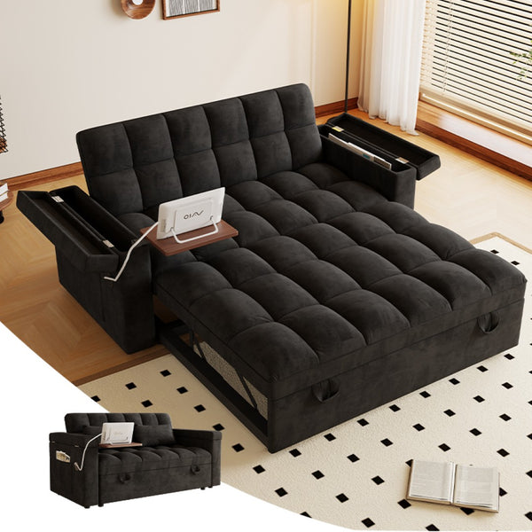 English Elm 65-inch Velvet Convertible Sleeper Sofa with Usb Port Storage Armrests Adjustable Back Black W2564S00114