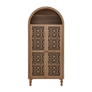 English Elm 70.28" Tall Walnut Pantry Cabinet Lattice Carved Doors Adjustable Shelves Two Drawers W688P303382