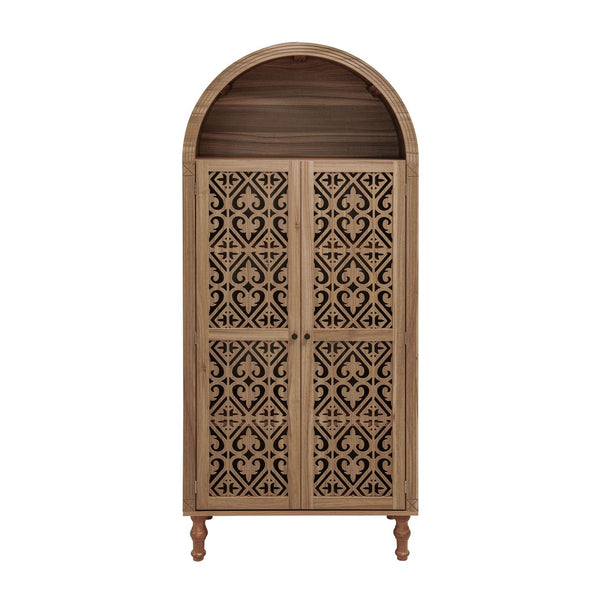 English Elm 70.28" Tall Walnut Pantry Cabinet Lattice Carved Doors Adjustable Shelves Two Drawers W688P303382