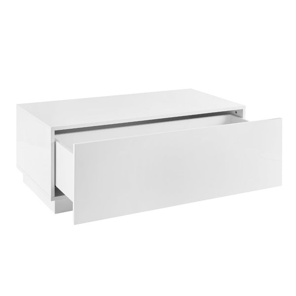 EuroStyle Tresero Lacquer Coffee Table with Hidden Push Drawer for Minimalist Living Rooms 90651-WHT