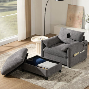 English Elm 37" Oversized Chenille Armchair with Ottoman Usb Charging Pocket Spring Living Room Gray N723P387145E