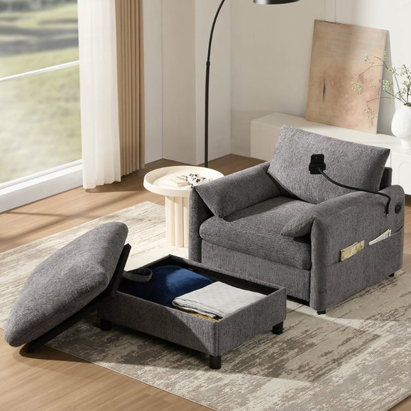 English Elm 37" Oversized Chenille Armchair with Ottoman Usb Charging Pocket Spring Living Room Gray N723P387145E