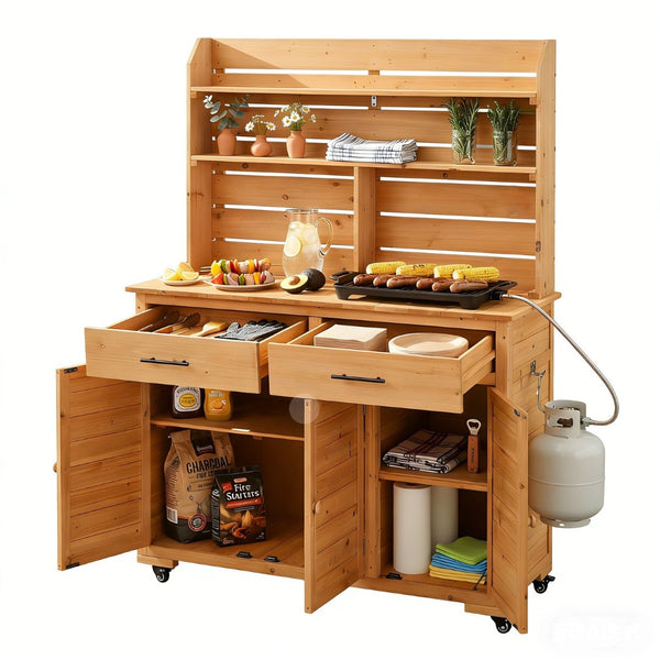 English Elm (assembly Video) Topmax Solid Fir Outdoor Potting Bench Grill Cart with Hutch Storage Natural Wood N717P404333A
