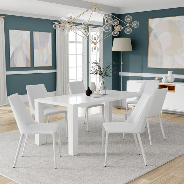 EuroStyle Tresero Rectangular Lacquer Dining Table Seats Six for Modern Minimalist Spaces 90656WHT-KIT