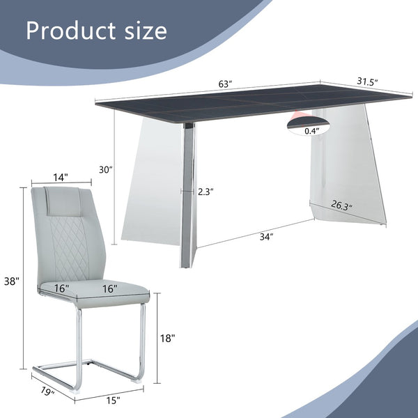 English Elm Table Set With Black Marble Top & Stainless Steel Legs - 6 Light Gray Pu Chairs For Modern Dining W1151S01964-GIGA