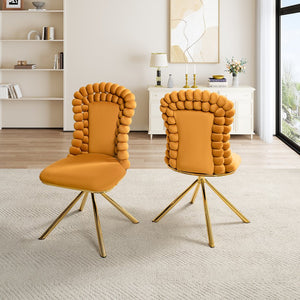 English Elm Dining Velvet Swivel Chairs Set of 2 with Hairball Backrest, Gold Metal Legs, Plush Foam Seat, Adjustable Feet Orange W757P281149